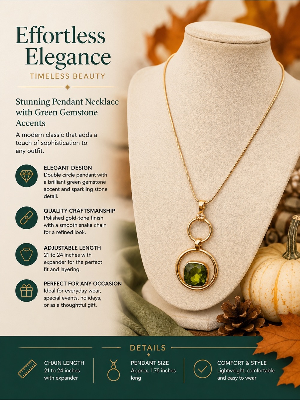 paparazzi Gold Double Circle Pendant Necklace with Green Gemstone